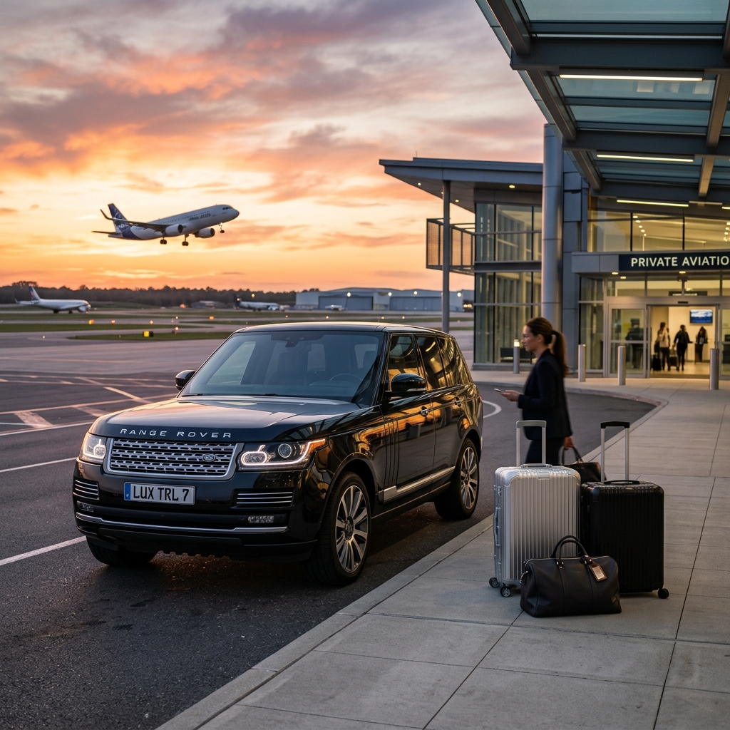 Luxury car rental pickup at airport showing car savings, rental deals, vehicle comparison, airport transfer options, and travel route planning.