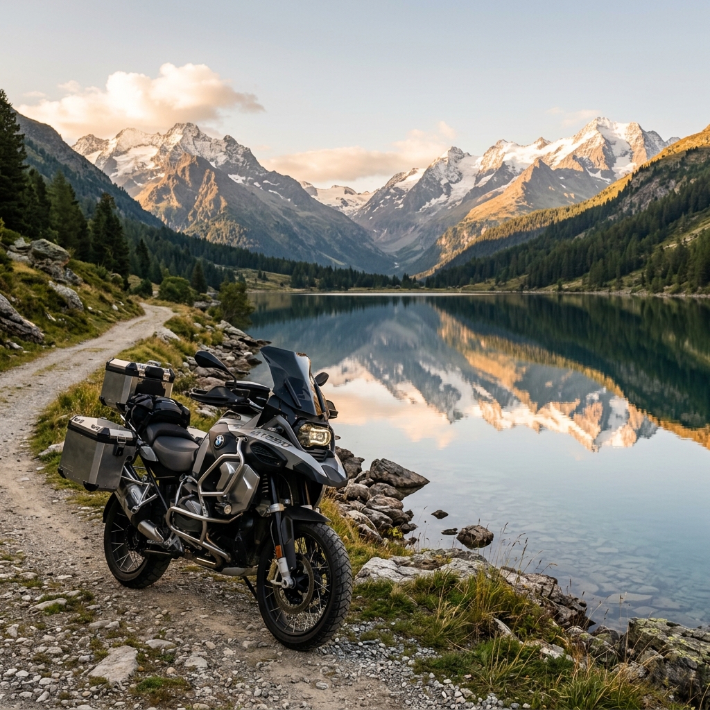 Motorcycle parked beside a mountain lake showing bike rental deals, scenic road trips, travel routes, and easy online bike rental booking.