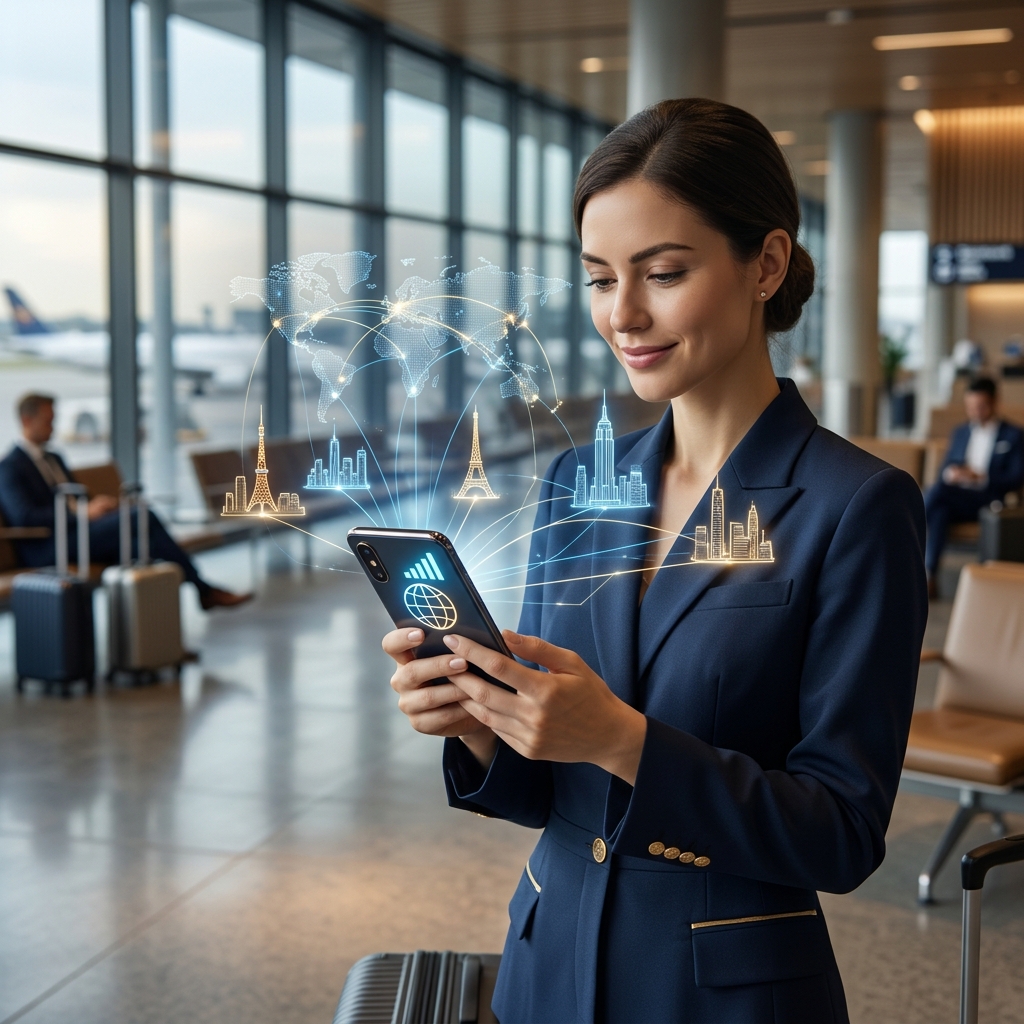 Traveler using phone at airport showing travel eSIM plans, international mobile data, roaming alternatives, and online SIM plan comparison.