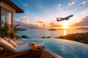 Luxury resort view with airplane at sunset showing premium flight and hotel deals for travelers planning smooth and comfortable vacations.