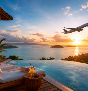 Luxury resort view with airplane at sunset showing premium flight and hotel deals for travelers planning smooth and comfortable vacations.