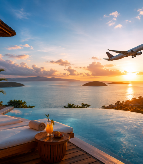 Luxury resort view with airplane at sunset showing premium flight and hotel deals for travelers planning smooth and comfortable vacations.