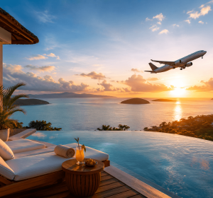 Luxury resort view with airplane at sunset showing premium flight and hotel deals for travelers planning smooth and comfortable vacations.