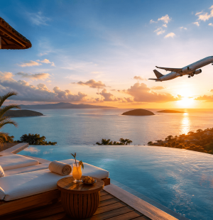 Luxury resort view with airplane at sunset showing premium flight and hotel deals for travelers planning smooth and comfortable vacations.