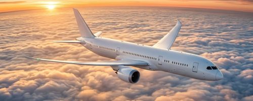 Airplane flying above clouds at sunset showing cheap flight offers, trusted airline fares, route comparison, and online travel booking options.
