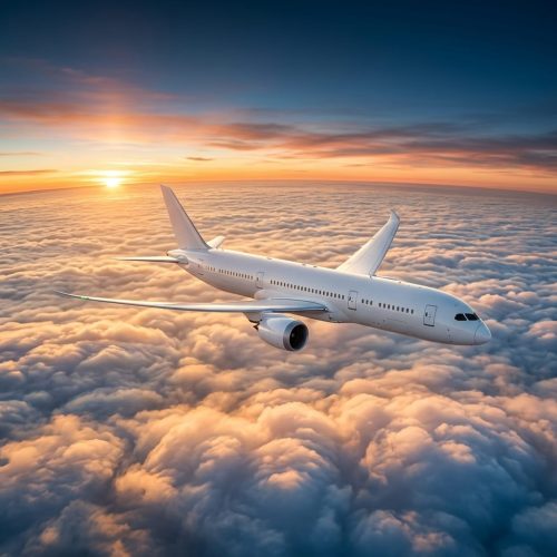 Airplane flying above clouds at sunset showing cheap flight offers, trusted airline fares, route comparison, and online travel booking options.