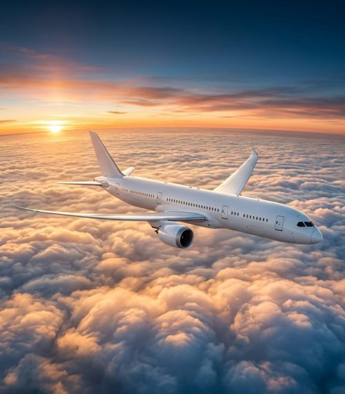 Airplane flying above clouds at sunset showing cheap flight offers, trusted airline fares, route comparison, and online travel booking options.