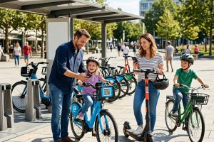 Family choosing rental bikes for a city ride, showing bike rental online booking, easy pickup options, and travel rides for adults and kids.