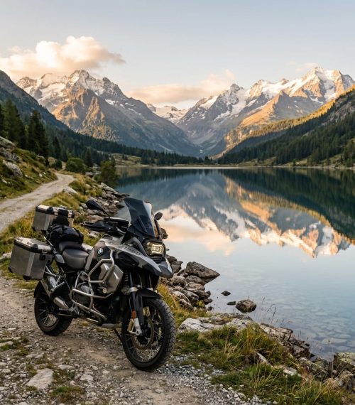 Motorcycle parked beside a mountain lake showing bike rental deals, scenic road trips, travel routes, and easy online bike rental booking.