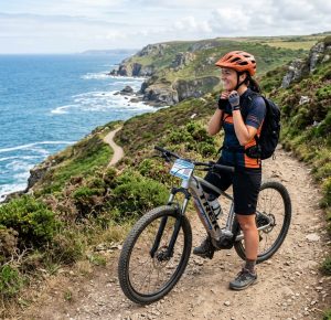 Traveler with e-bike on a coastal trail, representing bike rental online booking, scenic rides, weekend bike trips, and flexible rental options.