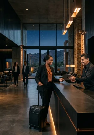 Business traveler with luggage checking in at a luxury hotel lobby, representing smooth flight booking, hotel stays, and premium travel planning.
