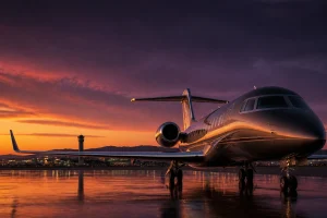Private jet at sunset representing premium travel deals, luxury flight options, airport transfers, and comfortable trip planning services.