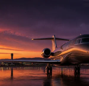 Private jet at sunset representing premium travel deals, luxury flight options, airport transfers, and comfortable trip planning services.