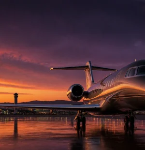 Private jet at sunset representing premium travel deals, luxury flight options, airport transfers, and comfortable trip planning services.